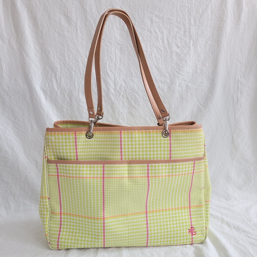 Lauren Ralph Lauren Yellow Green Houndstooth Plaid Tote Bag